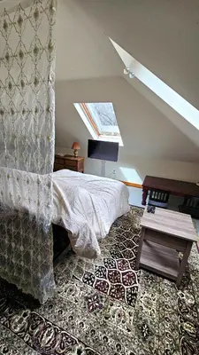 a bedroom with a bed with a window and a rug at 1920s Phoenicia Bungalow with Vintage Furnishings, Sauna, Fireplace, & Fenced Backyard in Phoenicia