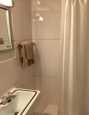 a bathroom with a white shower curtain and a sink at Imaginative Octogonal Glass Treehouse on Seven Private Acres near Great Barrington, MA in Great Barrington