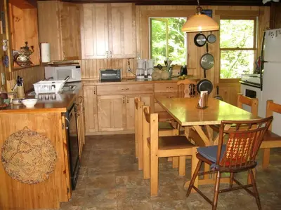 a kitchen with wooden cabinets and a table with chairs at Charming Cabin with Serene Lake Views for a Family Getaway near Pittsfield, Massachusetts in Pittsfield