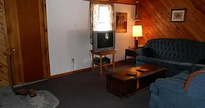 a living room with a couch and a tv at Family-Friendly Cabin Accommodation with Large Yard near Woodstock in Big Indian