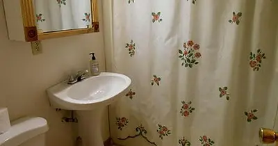 a bathroom with a sink and a shower curtain at Family-Friendly Cabin Accommodation with Large Yard near Woodstock in Big Indian