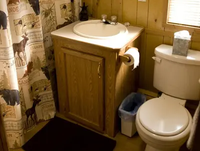 a bathroom with a white toilet and a sink at Deluxe Vacation Cabin Rentals in the Adirondacks near Saratoga Springs, New York in Corinth