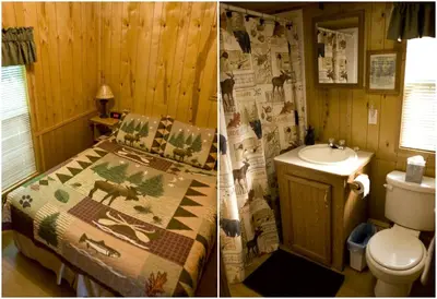 two pictures of a bathroom with a bed and a sink at Deluxe Vacation Cabin Rentals in the Adirondacks near Saratoga Springs, New York in Corinth