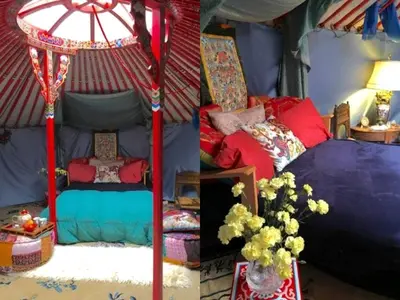 two pictures of a bedroom with a tent at Authentic Mongolian Yurt for a Serene Healing Retreat in Saratoga Springs, New York in Saratoga Springs