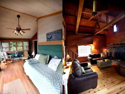 a living room with a couch and a ceiling at Lakefront Cabin Getaway near Adirondack Mountains in Salisbury, New York