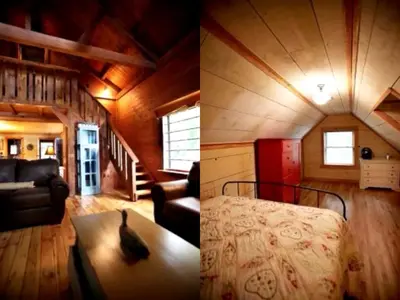 a bedroom and a living room in a tiny house at Lakefront Cabin Getaway near Adirondack Mountains in Salisbury, New York