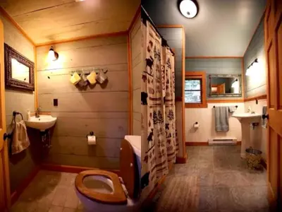 a bathroom with a toilet and a sink at Lakefront Cabin Getaway near Adirondack Mountains in Salisbury, New York