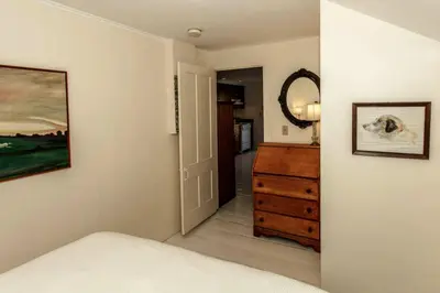 a bedroom with a bed and a dresser and a mirror at Riverfront Cabin with Beautiful Views of Housatonic River in Great Barrington, Massachusetts in Housatonic
