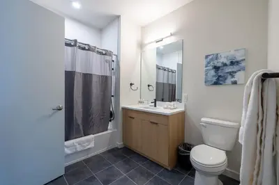 a bathroom with a toilet and a sink and a shower at Luxury Apt Downtown in White Plains