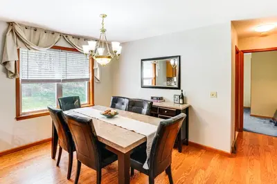 a dining room with a table and chairs at Mtn Views and Private Yard Retreat in Cornwallville in Cornwallville