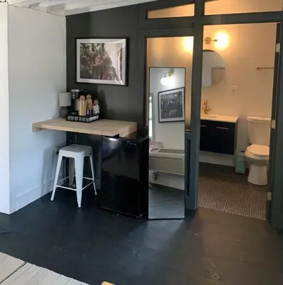 a bathroom with a counter and a sink and a toilet at The Rest Suite 5 in Kenoza Lake