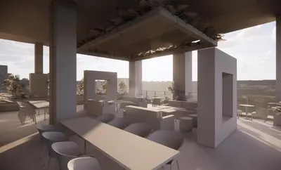 a rendering of a cafeteria with tables and chairs at The Rhyland in Flushing