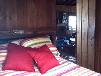 a bed with two red pillows in a room at Cozy Cabin with Lovely Views of Great Sacandaga Lake in Northville, New York in Northville
