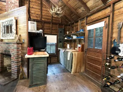 a kitchen with wooden walls and a stove in a cabin at Secluded and Rustic Cabin Rental with Modern Amenities near Woodstock, New York in Willow