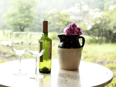 a bottle of wine and two wine glasses on a table at Secluded and Rustic Cabin Rental with Modern Amenities near Woodstock, New York in Willow