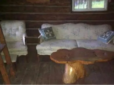 a living room with a couch and a wooden coffee table at Pet-Friendly Rustic Cabin on Grafton Mountain, New York in Johnsonville