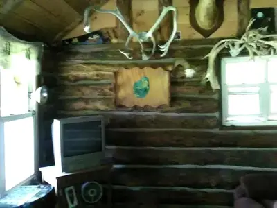 a room with a log wall with a tv andwindows at Pet-Friendly Rustic Cabin on Grafton Mountain, New York in Johnsonville