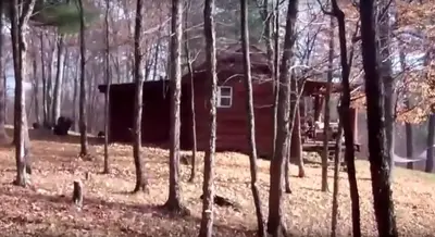 a log cabin in the middle of a forest at Pet-Friendly Rustic Cabin on Grafton Mountain, New York in Johnsonville