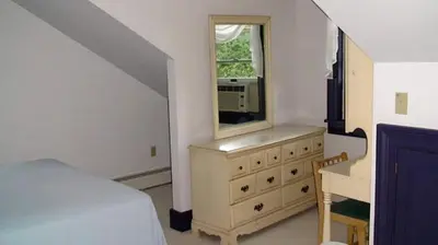 a bedroom with a bed and a dresser with a mirror at Hilltop Cottage Rental Overlooking Creek near Albany in Upstate New York in Fly Creek