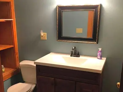 a bathroom with a sink and a toilet and a mirror at Spacious Log Cabin for a Family Getaway near the Zoar Outdoor Adventure Resort in Massachusetts in Charlemont