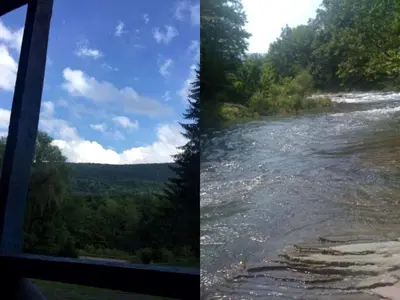 two pictures of a river from a bus window at Rustic Couples' Cabin for Idyllic Catskills Getaway, Upstate New York in Shandaken