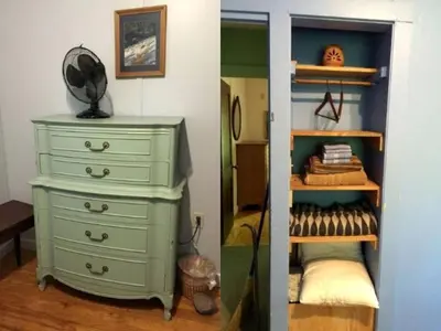 a bedroom with a green dresser and a closet at Superb Family Cabin with Mountain Views and Deck in Shandaken, New York in Shandaken