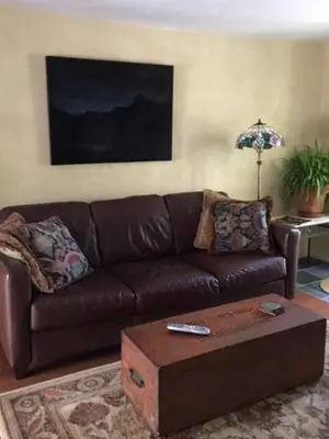 a brown leather couch with a coffee table in a living room at Luxurious Riverfront Cottage with a Hot Tub and a Fireplace near the Twin Lakes, Connecticut in Canaan