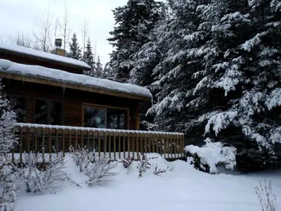 a log cabin in the snow with trees at Family-Friendly Cabin in the Deerfield Valley of Mount Snow, West Dover Vermont in West Dover