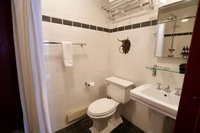 a bathroom with a toilet and a sink at Gorgeous Green Mountains Vacation Rental with a Pool in Manchester, Vermont in Manchester Center