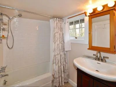 a bathroom with a tub and a sink and a shower at Idyllic Getaway Cottage in the Woods near Woodstock, New York in Woodstock