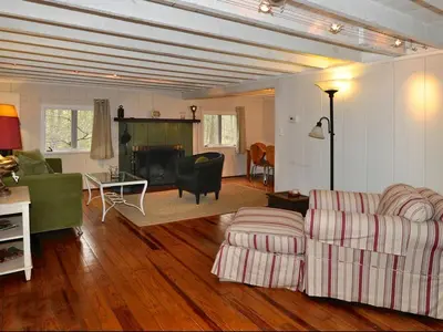 a living room with a couch and a fireplace at Idyllic Getaway Cottage in the Woods near Woodstock, New York in Woodstock