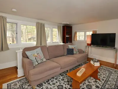 a living room with a couch and a flat screen tv at Idyllic Getaway Cottage in the Woods near Woodstock, New York in Woodstock