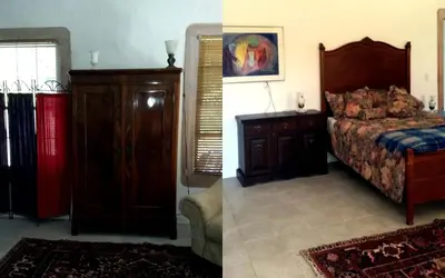 two pictures of a bedroom with a bed and a dresser at Pet-Friendly Cottage in a Working Farm near Hudson, New York in Hudson
