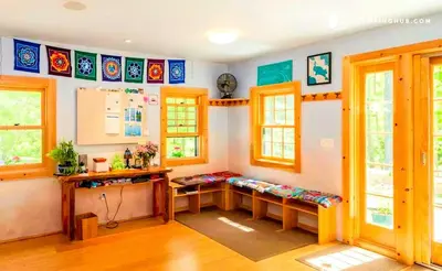a room with a desk and some windows at Peaceful Getaway above a Beautiful Yoga Studio near Devil's Den Nature Preserve, Connecticut in Redding