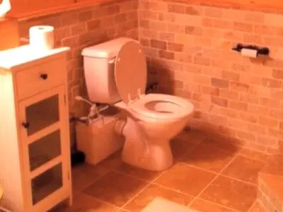 a bathroom with a toilet in a brick wall at Cozy Log Cabin with a Private Hot Tub near Beartown State Forest, Massachusetts in Monterey