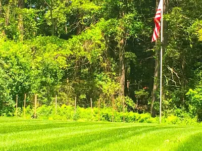 a flag in the middle of a grass field at Cozy Log Cabin with a Private Hot Tub near Beartown State Forest, Massachusetts in Monterey