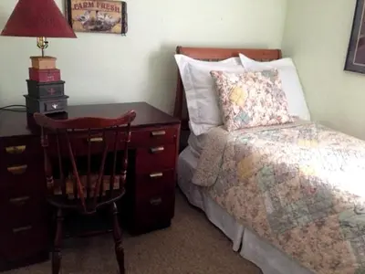 a bedroom with a bed and a desk and a chair at Enchanting Secluded Cabin Rental near Salem, New York in Salem