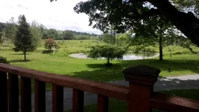 a view of a park from a deck with a pond at Enchanting Secluded Cabin Rental near Salem, New York in Salem