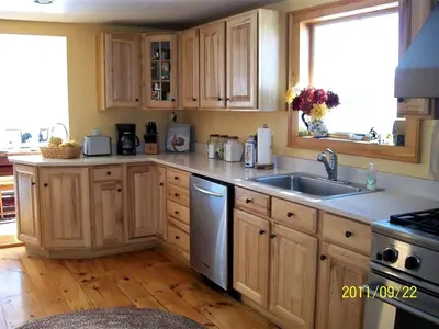 a kitchen with wooden cabinets and a sink at Enchanting Secluded Cabin Rental near Salem, New York in Salem