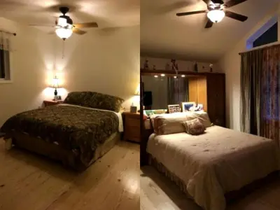 a bedroom with two beds and a ceiling fan at Delightful Cottage Rental with Scenic Views near the Poconos, Pennsylvania in Tobyhanna