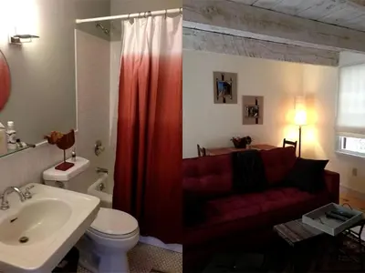 a bathroom with a red couch in the shower at Romantic Year-Round Cabin Getaway with Free Wi-Fi in Saugerties, New York in Saugerties