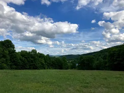 a green field with trees and a sky with clouds at Lovely Farmhouse Cabin with Incredible Landscape Views in New York in Worcester
