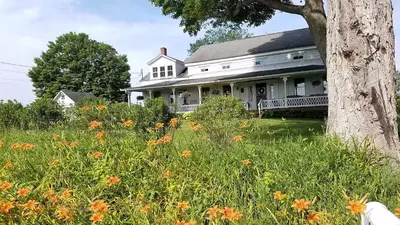 a white house with a tree and a field of flowers at Hoppy Hill Farm House in Dover Plains