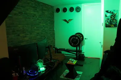 a living room with a green room with a brick wall at Guest First b4 Anything in Fresh Pond