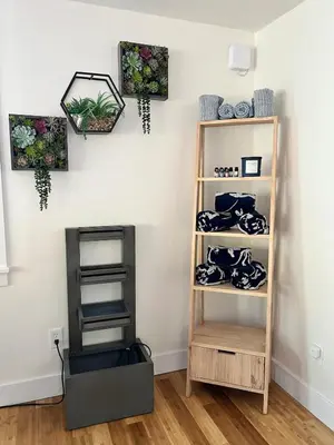 a shelf with plates and other items on a wall at Catskills Escape Hot Tub Massage Chairs & Games in Round Top