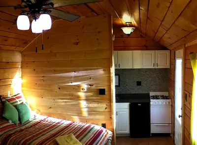 a bedroom with a wooden wall in a cabin at Charming Camping Cabin on the Shores of Great Sacandaga Lake in Northville, New York in Northville