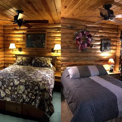 two pictures of a bedroom with a bed and a ceiling at Creekside Log Cabin Rental with Kayaks in Saugerties, New York in Saugerties