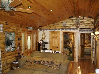 a living room with a couch in a log cabin at Creekside Log Cabin Rental with Kayaks in Saugerties, New York in Saugerties