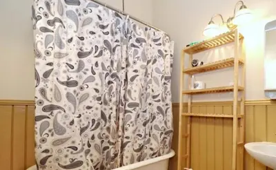 a bathroom with a shower curtain and a sink at Yard, Laundry, Large! Bonus Sleep Area in Jersey City