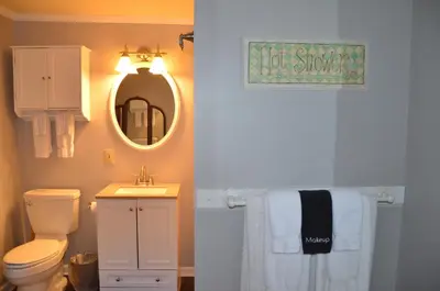 a bathroom with a toilet and a sink and a mirror at Cornwall Inn in Cornwall Bridge